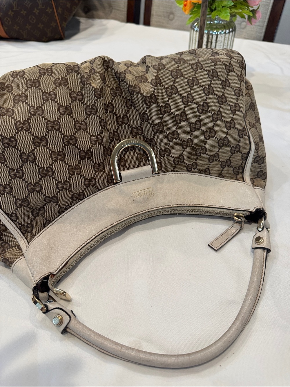 Authentic Gucci Brown GG Canvas Shoulder Hobo with White Trim - Picture 6 of 13